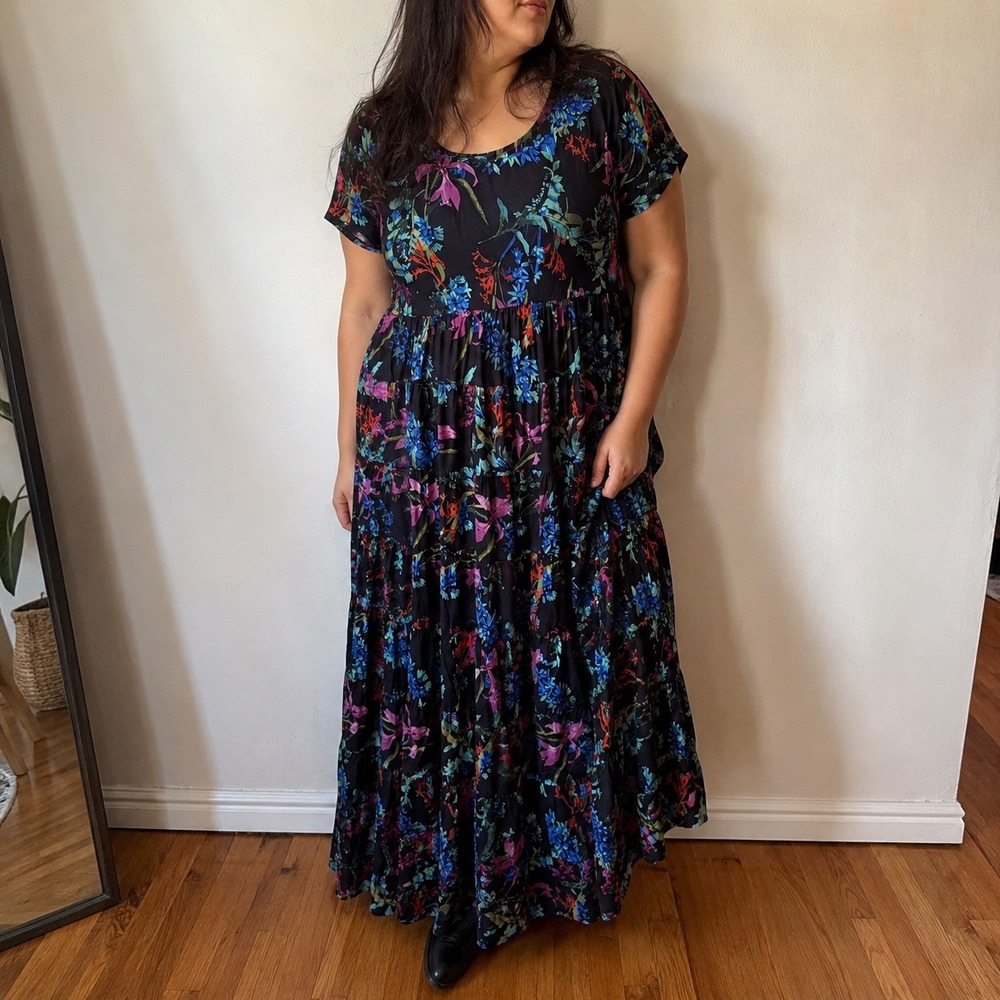 Joe Browns Black Floral Tiered Maxi Dress Size 22W Boho Cottagecore Tropical